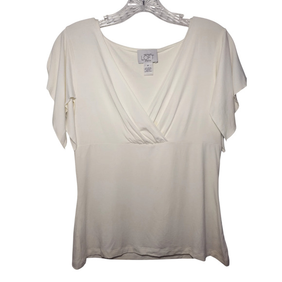 Ann Taylor Loft Womens Flutter Sleeve V-neck Stretch Blouse Cream Size Medium - Picture 8 of 13